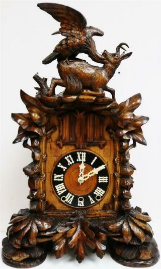 Spectacular Antique Carved Walnut 3 Train 4 Musical Tunes Automaton Cuckoo Clock
