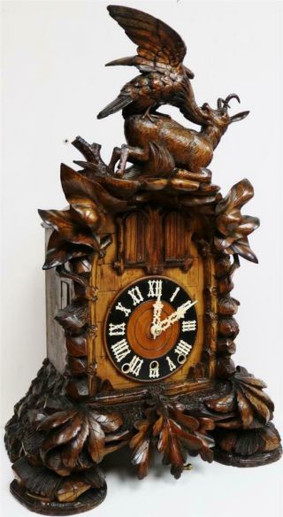 Spectacular Antique Carved Walnut 3 Train 4 Musical Tunes Automaton Cuckoo Clock 4