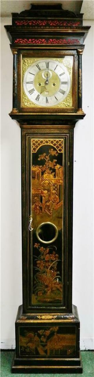 Luxury Antique 17thc English London Black Chinoiserie Grandfather Longcase Clock