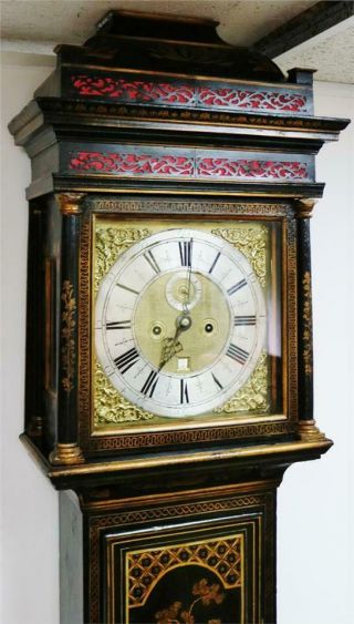 Luxury Antique 17thc English London Black Chinoiserie Grandfather Longcase Clock 2