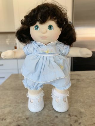 Vintage 1985 My Child Baby Doll Mattel Blue Dress Dark Brown Hair Aqua Eyes