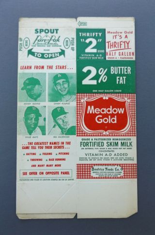 Rare 1964 Meadow Gold Baseball Cards,  Unfolded Milk Carton,  Mantle,  Koufax,  Mays