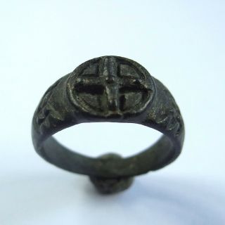 Ancient Artifact Medieval Bronze Ring Seal With Cross