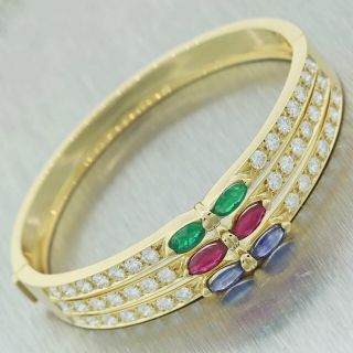 Vintage Estate 18k Yellow Gold Emerald Ruby Sapphire Diamond Bangle Bracelet