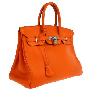 Authentic Hermes Birkin 35 Hand Bag Orange Gulliver Leather Vintage O02352