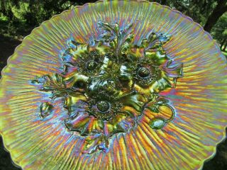 Northwood POPPY SHOW ANTIQUE CARNIVAL ART GLASS PLATE GREEN FANTASTIC EXAMPLE 12