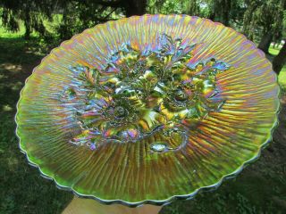 Northwood POPPY SHOW ANTIQUE CARNIVAL ART GLASS PLATE GREEN FANTASTIC EXAMPLE 4