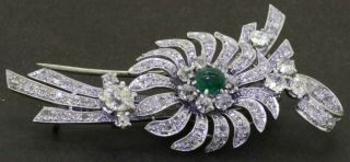 Antique Platinum Hallmarked 5.  40ct Vs Diamond & Emerald Floral Brooch