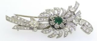 Antique Platinum hallmarked 5.  40CT VS diamond & emerald floral brooch 2