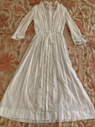 Antique Edwardian White Cotton Tea Dress Maxi Floral Lace Pin Tucks Ruffles Vtg