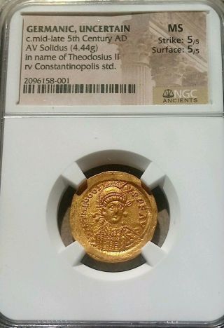 Germanic Uncertain Theodosius Ii Gold Solidus Ngc Ms 5/5 Ancient Roman Coin
