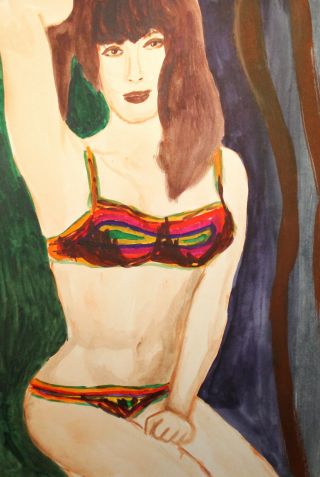 Vintage Watercolor Painting Fauvist Nude Female Portrait
