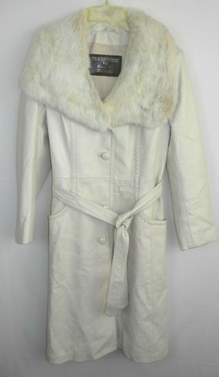 24 K Leather By Dan Di Modes Vintage Cream Jacket With Fur Trim And Belt Euc B1