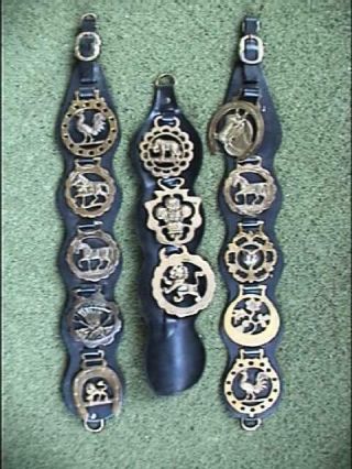 3 Vintage Leather Western Or Circus Horse Parade Brasses Straps Harness Bridle
