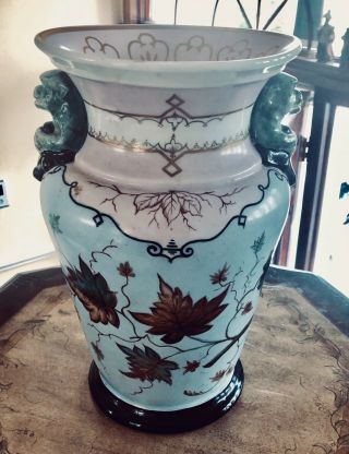 Antique Union Porcelain Large Vase With Flowers And Monkey Accent