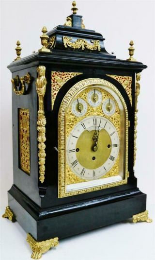 Rare Antique Ebonised & Ormolu Triple Fusee Musical 8 Bell Bracket Clock 2
