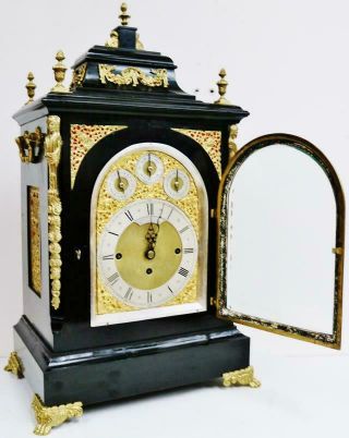 Rare Antique Ebonised & Ormolu Triple Fusee Musical 8 Bell Bracket Clock 8