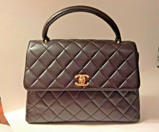 Authentic Chanel Quilted Lambskin Brown Kelly Top Handle Bag Vintage
