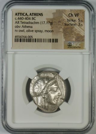 Ancient Attica Athens 440 - 404 Bc Athena Owl Tetradrachm Silver Coin Ngc Ch Vf