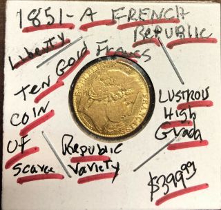 1851 - A France Ancient Goddess Cérès Quality Gold 10 Francs - Gold Coin Of Republic