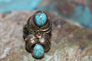 Vintage Navajo Ring With 8 Turquoise,  Sterling Signed; G J