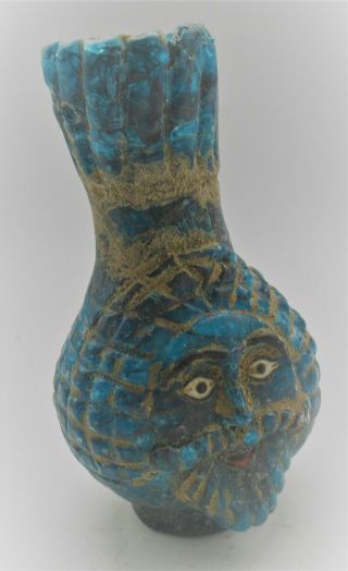 Rare Ancient Phoenician Blue Glass Vessel With Bearded Male Face 500bce