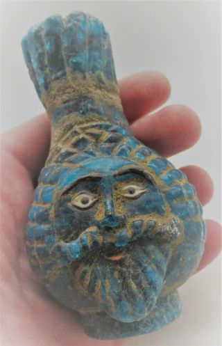 RARE ANCIENT PHOENICIAN BLUE GLASS VESSEL WITH BEARDED MALE FACE 500BCE 2