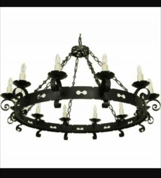 RARE 2 TIER Vintage Spanish Revival Gothic Wrought Iron Chandelier 9