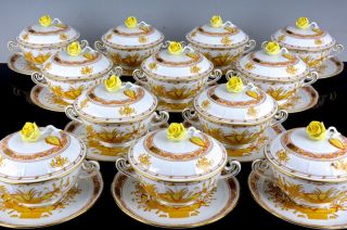 Set Of 12 Herend Hungary Yellow Indian Basket Lidded Handled Soup Cups & Saucers