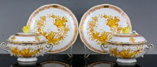 SET OF 12 HEREND HUNGARY YELLOW INDIAN BASKET LIDDED HANDLED SOUP CUPS & SAUCERS 3