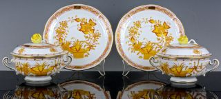 SET OF 12 HEREND HUNGARY YELLOW INDIAN BASKET LIDDED HANDLED SOUP CUPS & SAUCERS 5