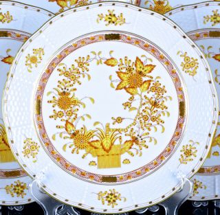 SET OF 12 HEREND HUNGARY YELLOW INDIAN BASKET PATTERN 10 INCH DINNER PLATES N/R 2
