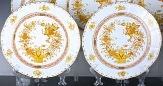 SET OF 12 HEREND HUNGARY YELLOW INDIAN BASKET PATTERN 10 INCH DINNER PLATES N/R 3