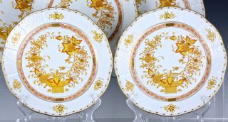 SET OF 12 HEREND HUNGARY YELLOW INDIAN BASKET PATTERN 10 INCH DINNER PLATES N/R 6