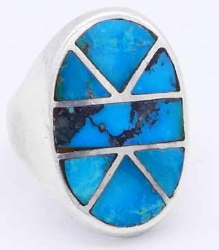 Vintage Southwestern Old Pawn Sterling Silver Turquoise Inlay Large Men ' s Ring 2