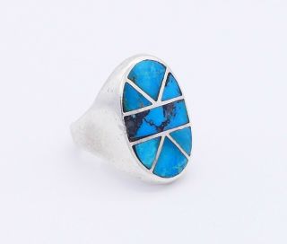 Vintage Southwestern Old Pawn Sterling Silver Turquoise Inlay Large Men ' s Ring 3