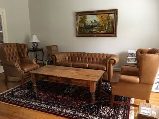 English Vintage Leather Chesterfield 5 Piece Set - Couch,  2 Wing Chairs,  2 Ottoman