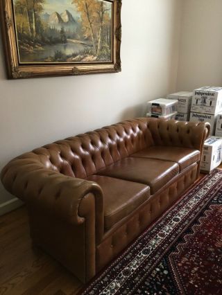 ENGLISH VINTAGE LEATHER CHESTERFIELD 5 PIECE SET - COUCH,  2 WING CHAIRS,  2 OTTOMAN 2
