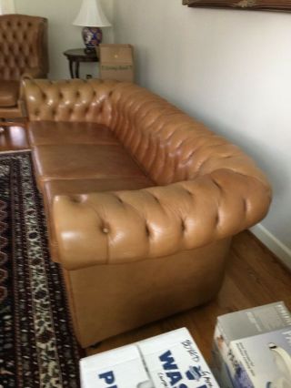 ENGLISH VINTAGE LEATHER CHESTERFIELD 5 PIECE SET - COUCH,  2 WING CHAIRS,  2 OTTOMAN 3