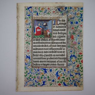 Two C.  1450 Book Of Hours Illuminated Manuscript Leaves Miniature Medieval Vellum