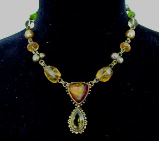Vintage Signed Stephen Dweck Baroque Pearl Y - Neck Gemstone Necklace