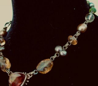 Vintage Signed Stephen Dweck Baroque Pearl Y - Neck Gemstone Necklace 6