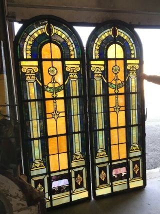 Mar 284 2 Av Price Each Antique Painted In Fired Stained Glass Windows 32.  5 X 91