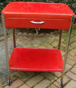 Vintage Red Cosco Style 2 Shelf 1 Drawer Metal Rolling Kitchen Utility Cart