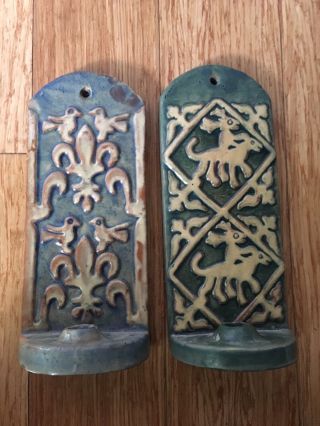 Pair Vintage Moravian Mercer Pottery Art Tile Wall Sconce Candle Holders Doves