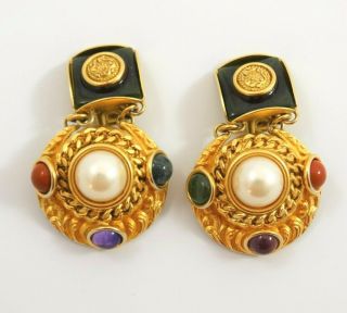Vintage Natasha Stambouli Earrings Byzantine Etruscan Style Clip On Faux Pearl