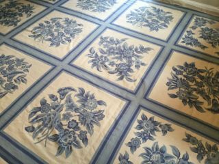 Vintage 12x15 Needlepoint Rug Blue White Floral Tile Delft