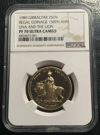 Gibraltar 2 Sovereign 1989 Gold Ngc Pf70uc Una And Lion Top Grade Rare