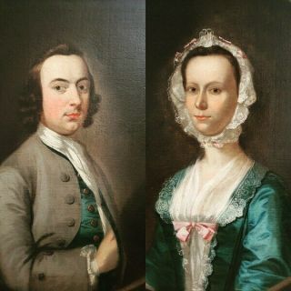Pair Mid 18th Century English School Antique Oil On Canvas Portraits Man & Wife