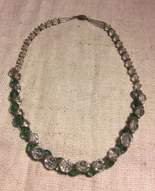 Antique Art Deco Green & Clear Crystal Beaded Brass Link Necklace